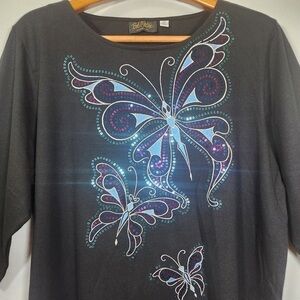 Bob Mackie Black and Purple Butterfly Long Sleeve Top